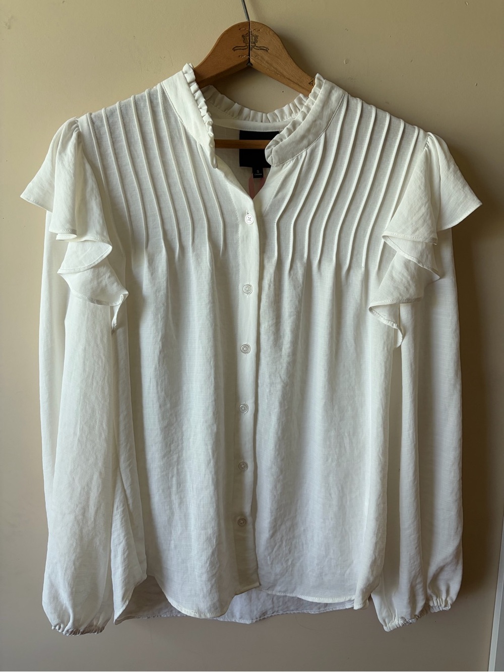 Alex Marie White Pleated Ruffle Button Front Blouse